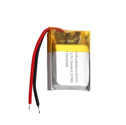 पतली IoT बैटरी पैक रिचार्जेबल कस्टम 3.7 V 75mAh LiPo बैटरी 651417