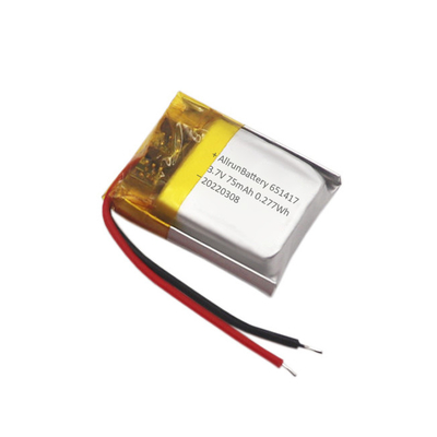 पतली IoT बैटरी पैक रिचार्जेबल कस्टम 3.7 V 75mAh LiPo बैटरी 651417
